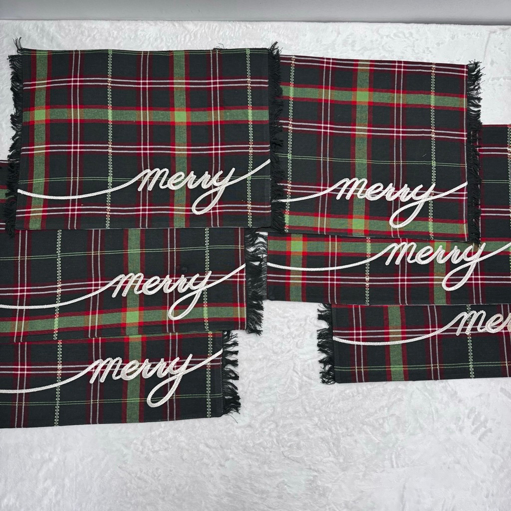 St Nicholas Square Merry Christmas Green Red Plaid Placemats Fringed Set of 6